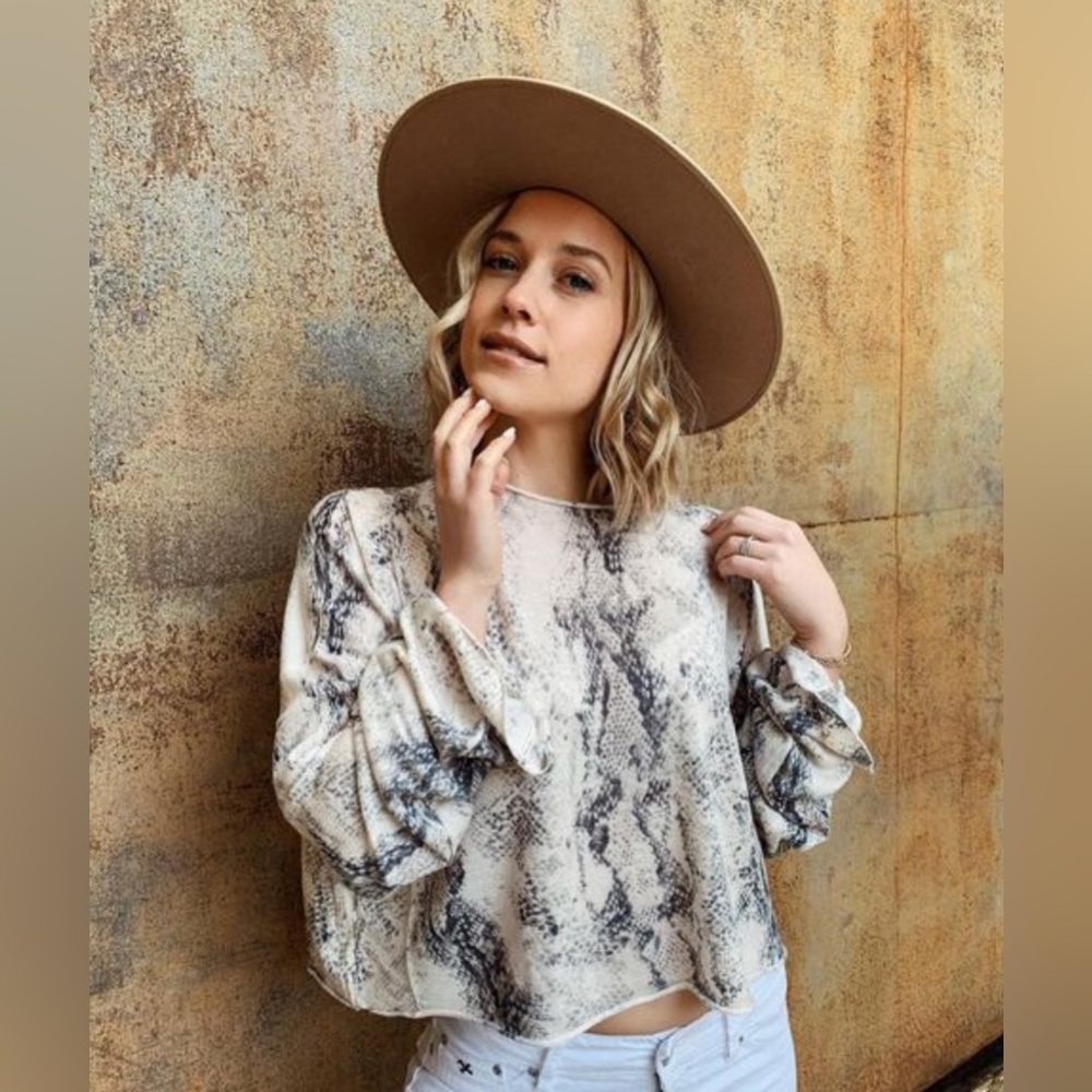 Olivaceous Snakeskin Mock Neck Sweater with Bell Sleeves